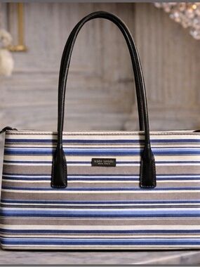 kate spade Striped Canvas Tote in Blue, White and Tan with Black Handles
